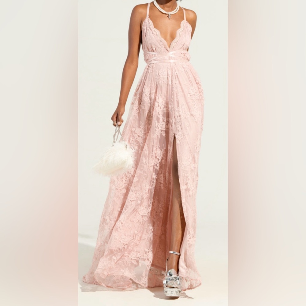 New AKIRA Elegant Pink Lace Evening maxi gown dress size S